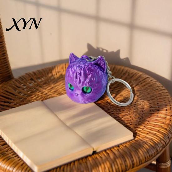 Playful Cat Bag Decoration 3D Printed Head Keychain, Cute Kawaii Kitten Charm with Pearlescent Finish & Bright Shaped Ornament Green Eyes, Lightweight