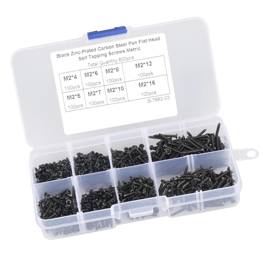 800 buc M2 Oțel Carbon Negru Cap Încrucișat Plat Înfundat Set Șuruburi Autofiletante