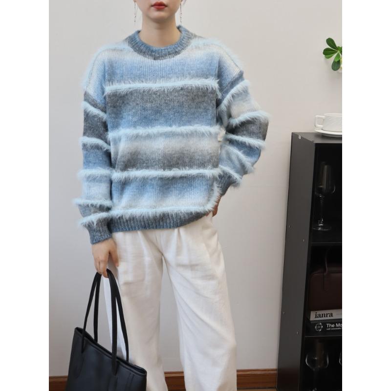 Gradual Change Color Splicing Imitation Mink Velvet Knitted Sweater Top Autumn and Winter New Loose Gentle Wind Sweater Pullover Women