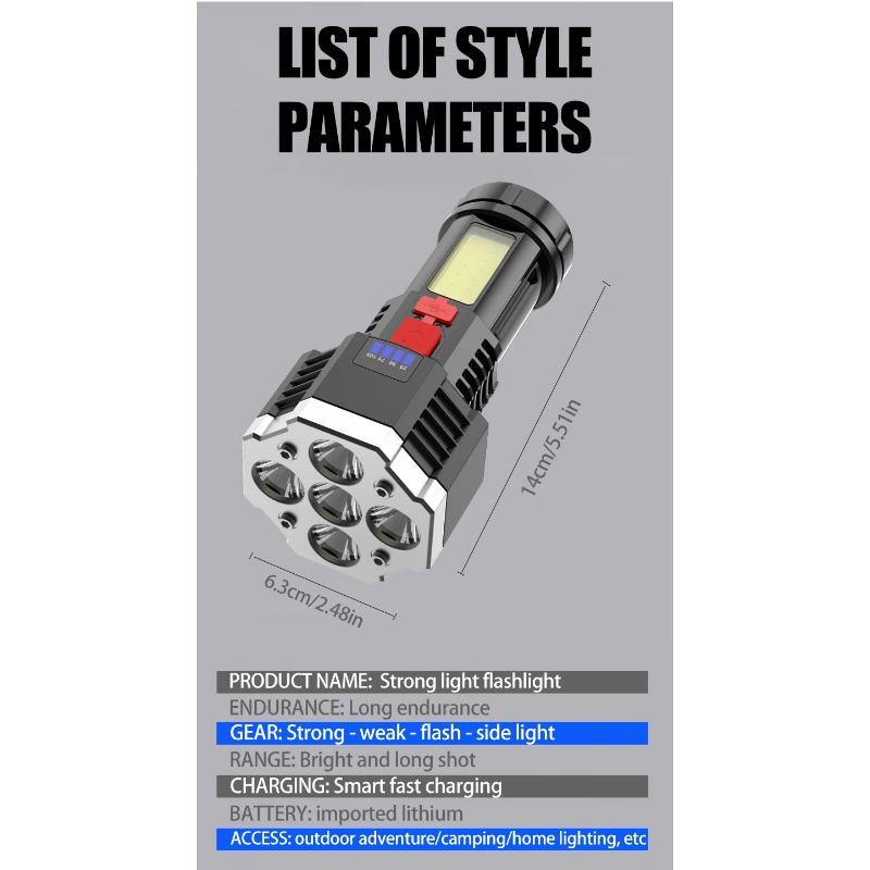 4/5/6LED High Power Led Flashlights Rechargeable Camping Spotlight With Side Light 3 Lighting Modes For Camping Adventure