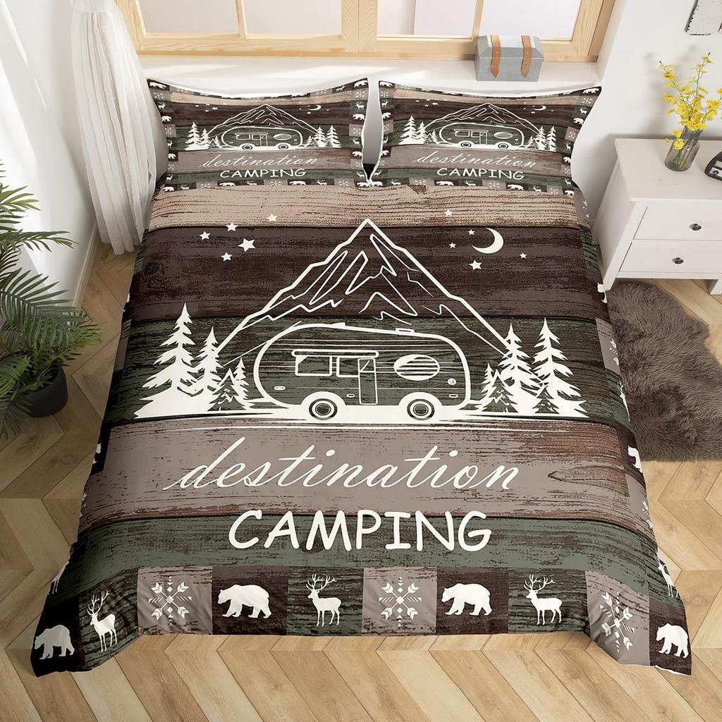 Camping Theme Duvet Cover Set Boys Adults Cartoon Camping Pattern Comforter Cover Queen Wild Adventure Bedding Set with Zipper