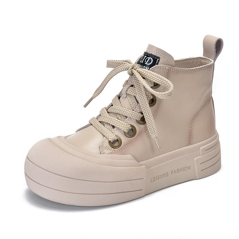 

Johnature Натуральная кожа Плоские туфли на платформе Повседневные туфли с круглым носком на толстой подошве Универсальные короткие ботинки на шнуровке 37 бежевый