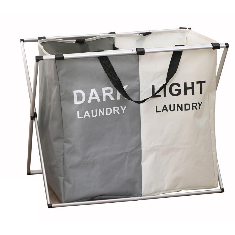 Foldable Aluminum Frame Double Compartment Laundry Basket with Handles 