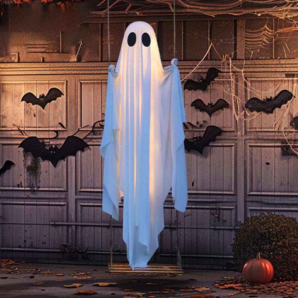 Halloween Hanging Swing Ghost Decor W/ String Lights Outdoor Halloween Decorations Ghosts Decorations for Porch/Yard/Trees