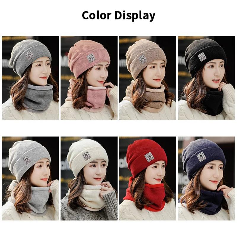 Women Knitted Beanie+Scarf Sets Thicken Velvet Lining Pullover Cap Unisex Winter Warm Plush Bonnet Neck Protection Scarves Hat