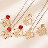 Faux Red Coral Drop Earrings And Necklace Textured Alloy Jewelry with Red Enamel Zircon Accents Unique Ocean-Inspired Design Gift for Women