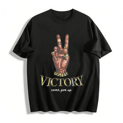 Victory Hand Print Vintage Trendy Casual Tee Pure Cotton T-shirt