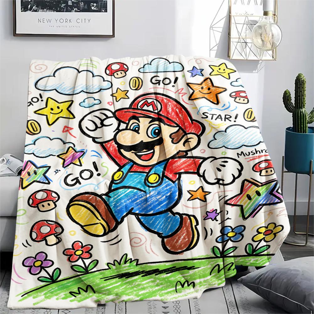 Mario Crayon Drawing Style pattern Flannel Blanket, High quality Comfortable for All Seasons, Home Decor, Warmth and Comfort, Perfect for Gifts. 80cm x 120cm
