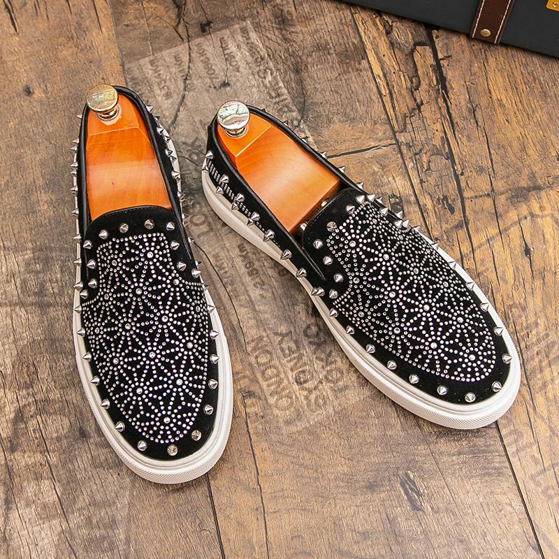 Fashion New Luxury Designer Men's All Match Platform Silver Rhine Rhinestone Causal Shoes Flats Male Rock Punk Loafers Zapatos Hombre