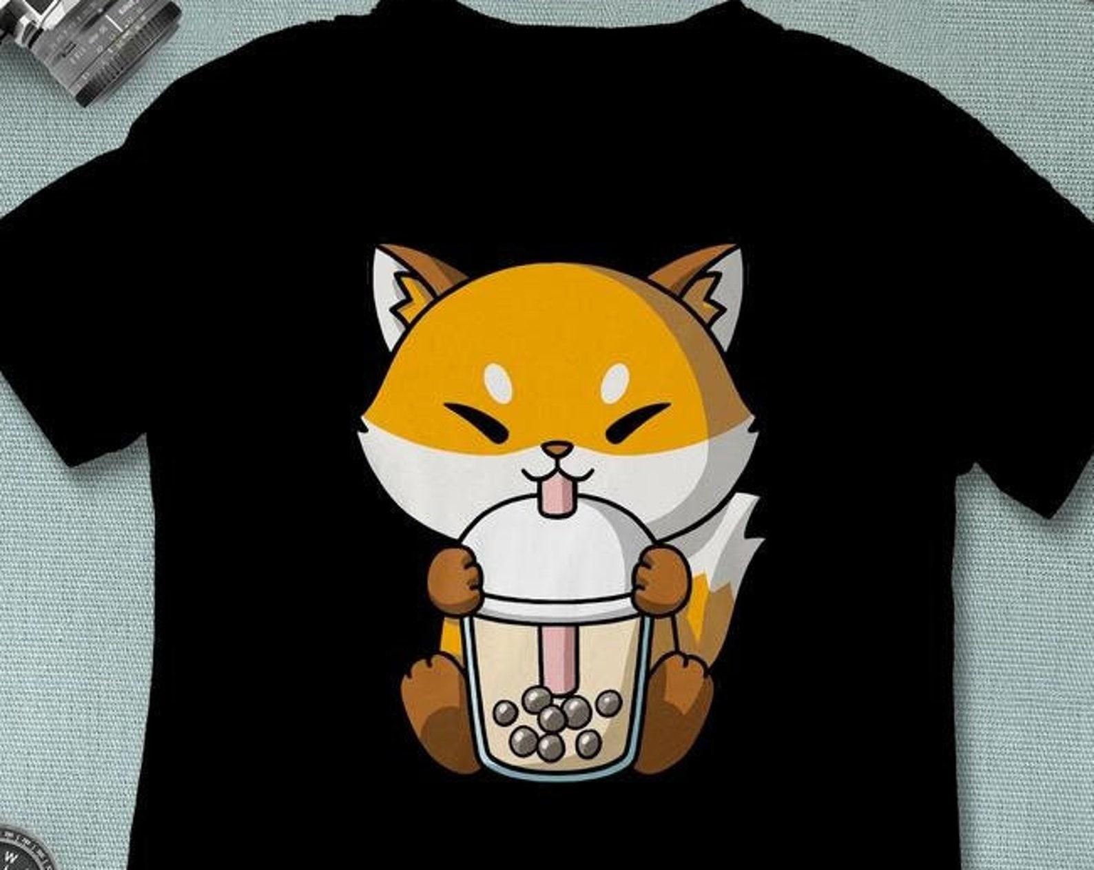 Boba Milk Tea Fox T-Shirt, Funny Boba Milk Tea Shirt, Bubble Tea T-Shirt, Kawaii Japanese Anime Gift L