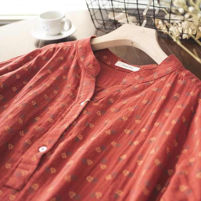 

Повседневная двухслойная хлопковая пряжа двухцветная принтованная полуоткрытая рубашка с V-образным вырезом и короткими рукавами для женщин One size оранжевый