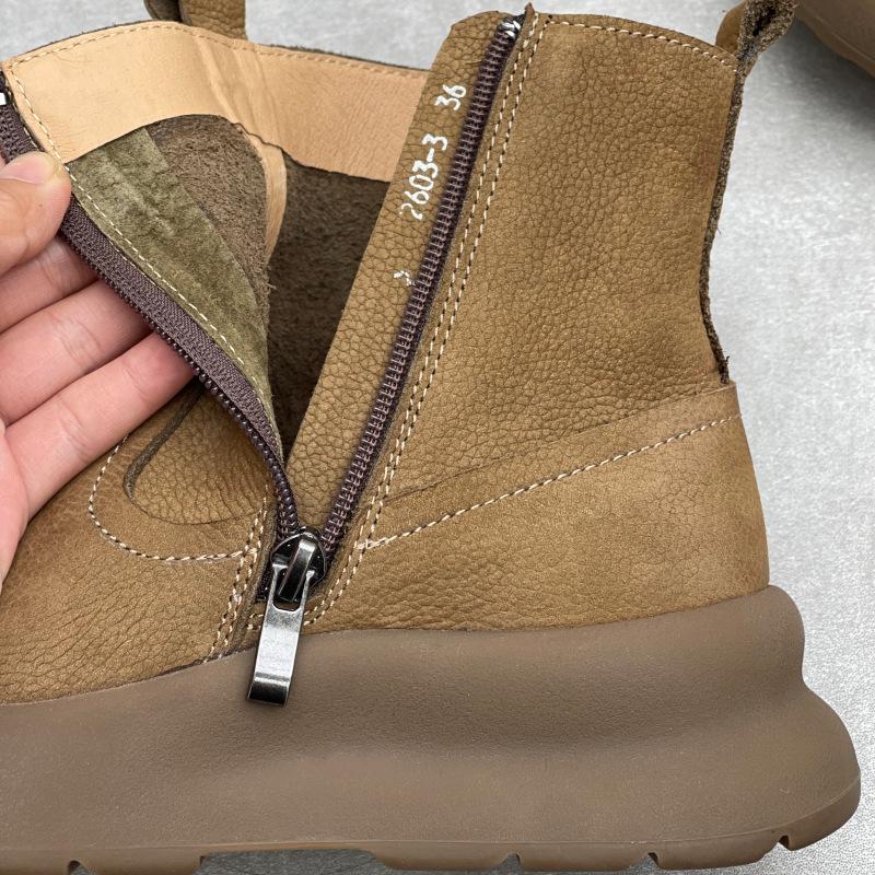 Johnature Soft Cowhide Thick Soled Women's Boots Genuine Leather Round Toe Versatile Retro Short Boots