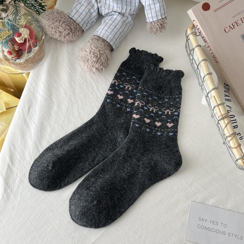 Fall/Winter Wool Socks - Fel Island Elk Warm Mid-Calf Socks - Bowknot Heart Retro Style Thick Socks - Children's