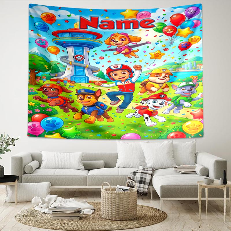 Custom Name PAW Patrol Print Tapestry, Backdrop, Easy Setup, Ideal for Bedroom, Office & Living Room, with Aesthetic Wall Hanging Decor.