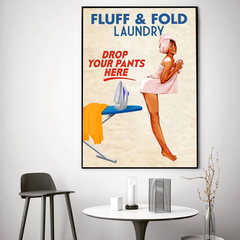 Naughty Laundry Fluff Fold Canvas Prints Vintage Pinup Sexy Woman Poster Painting Bath Room Toilet Wall Art Pictures Decor