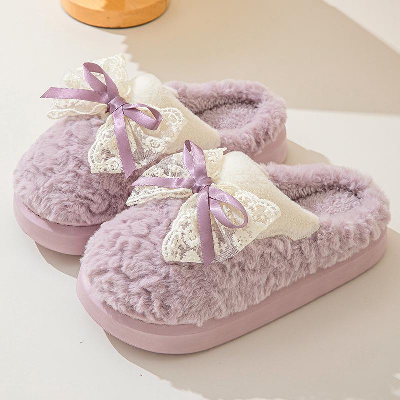 Neue Winter-Baumwollpantoffeln für Damen, Heimtextilien, Schmetterlingsknoten, warme Plüsch-Sandalen für Damen