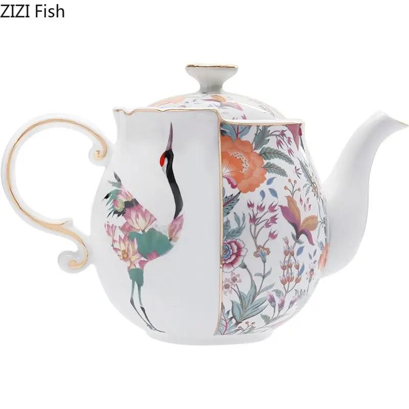 Fairy Crane Flower Pattern Ceramic Teapot Set Teacup Saucer Painted Gold-plated Coffee Cup Afternoon Tea Milk Fruit Juice Mugs