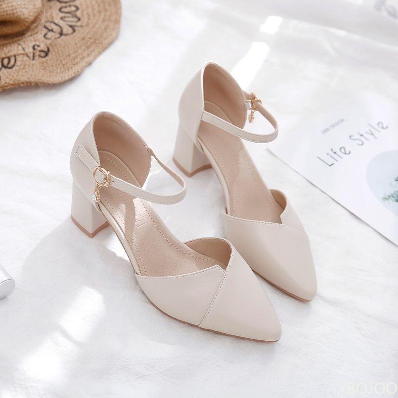 

Ladies Soft leather high heels Summer pointed versatile Shoes Fashion hollow sandals Casual Shallow Mouth Women s pumps Mujer 35