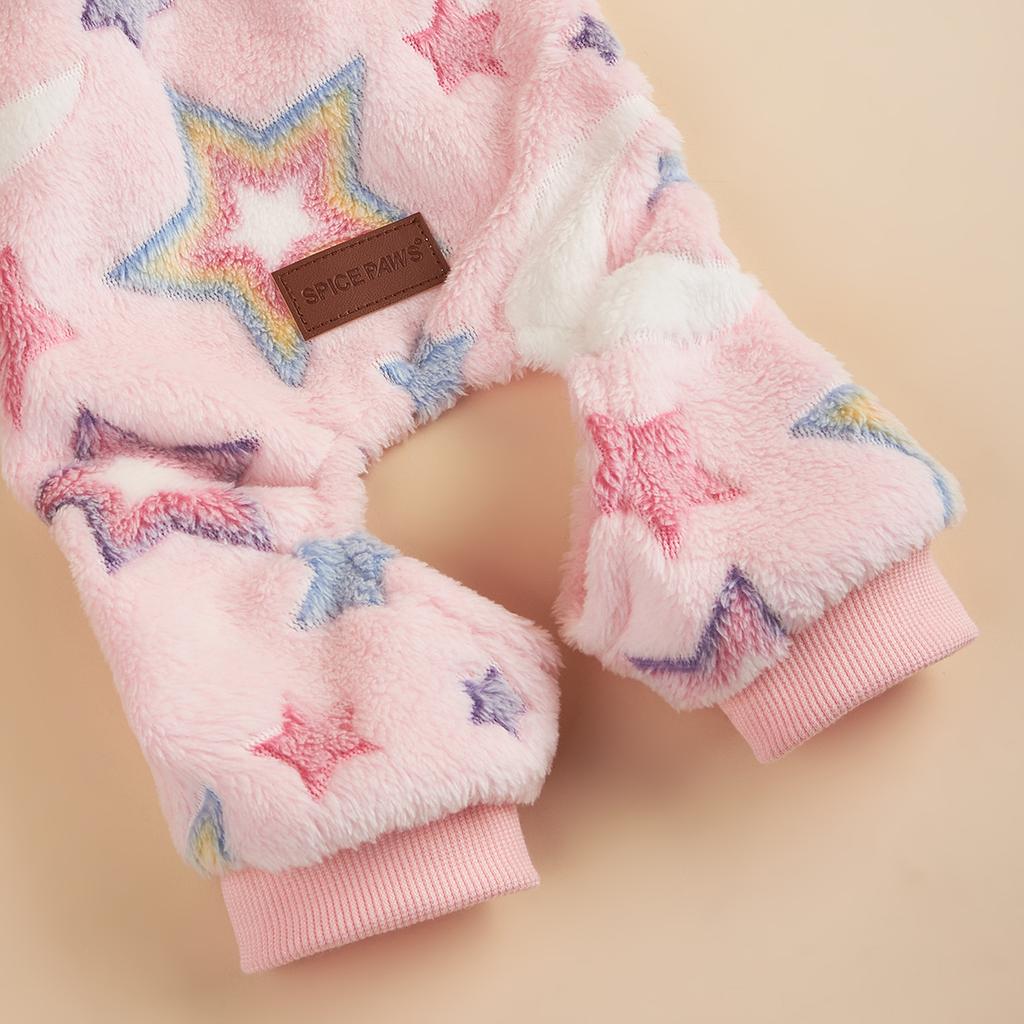 Pink Plush Dog Pajamas for Small Dogs Girl Winter Warm Puppy Pjs Fleece Clothes Sweater Outfit Cold Weather Dog Colorful Stars P