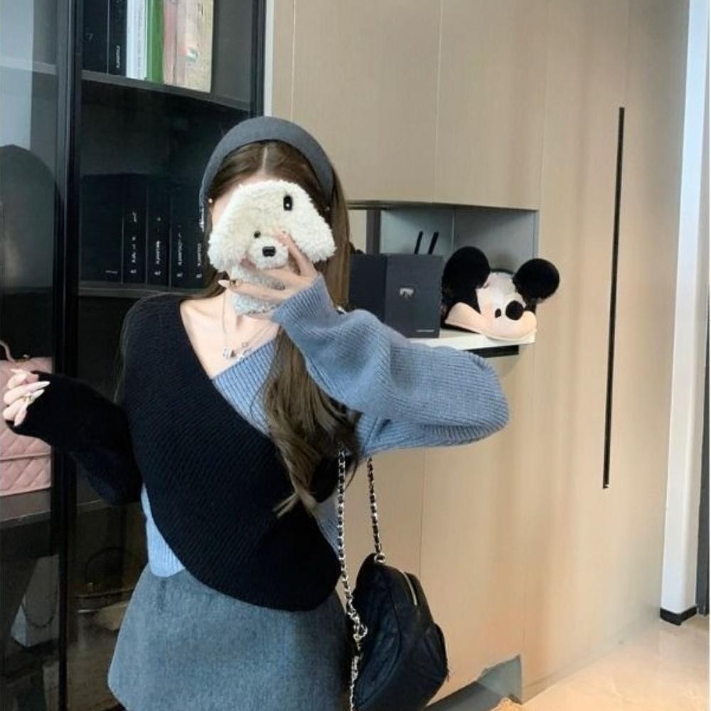 

Женский осенне-зимний топ с V-образным вырезом и открытым плечом, базовый свитер с неровным краем one size чёрный