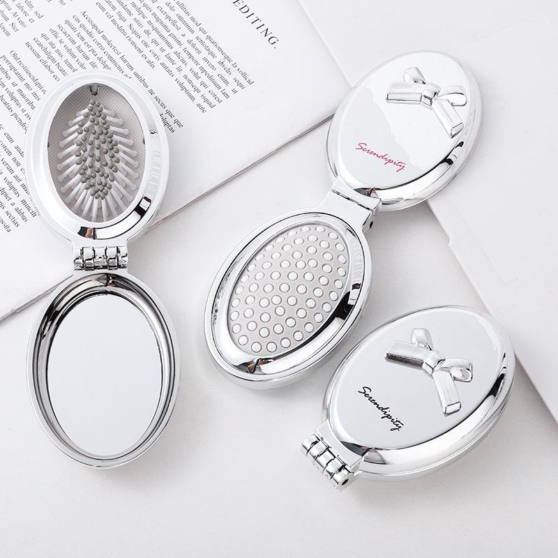 Electroplated Silver Massage Comb with Folding Mirror and Anti-Static Air Cushion – Student Girl Ins Style