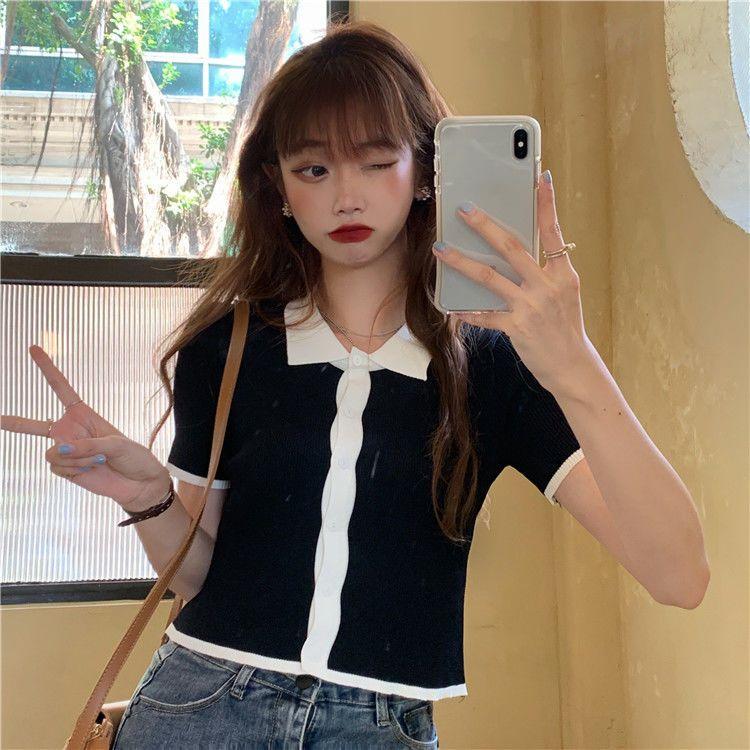 Summer Korean Version POLO Collar Slim Fit Contrasting Short Sleeved Knitted T-shirt Women's Versatile Short Top