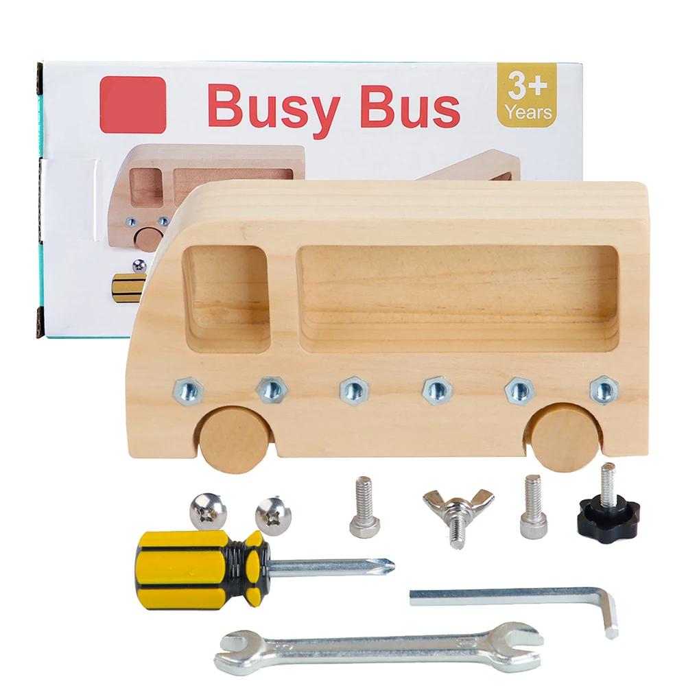 Kids Wooden Busy Bus Montessori Educational Toys for Children Screw Bolt Set Preschool Teaching Aids Toy for Boy Gift