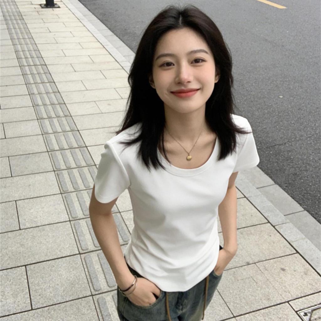 Women's Slim Fit Pure Cotton White Short-Sleeve T-Shirt - Round Neck, Versatile Basic Summer Top