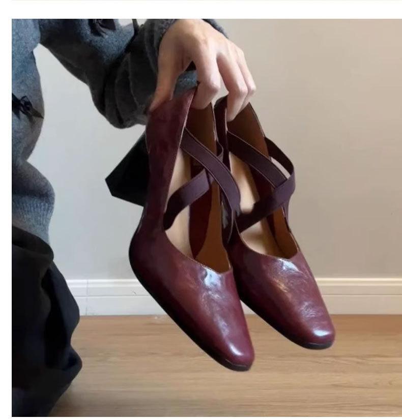 Maillard style premium design cross elastic high heel single shoes light mouth small leather shoes