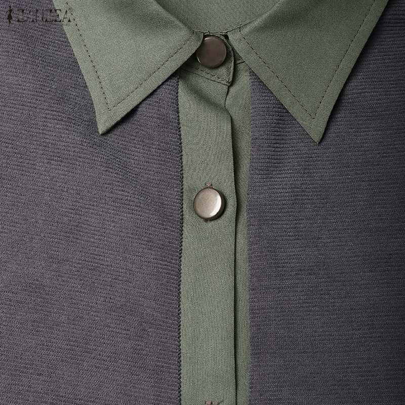 ZANZEA Women Casual Turn Down Collar Long Sleeve Loose Patchwork Dress