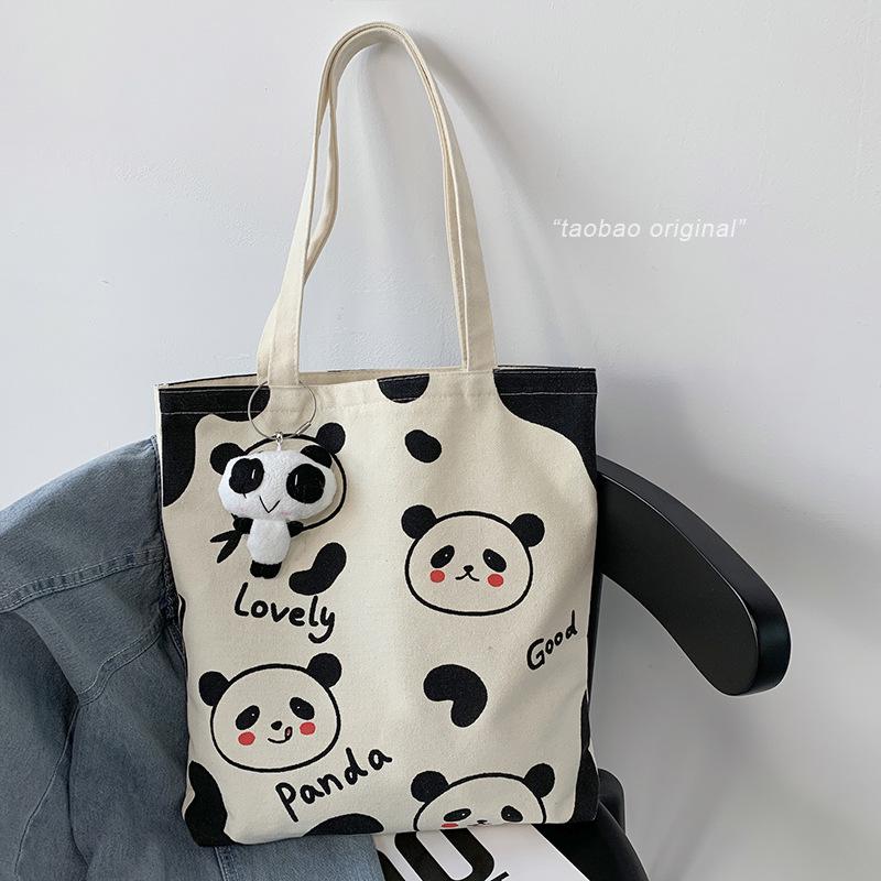Geantă de umăr din pânză cu model panda pentru femei - Drăguță, capacitate mare, stil japonez și coreean pentru studenți și serviciu