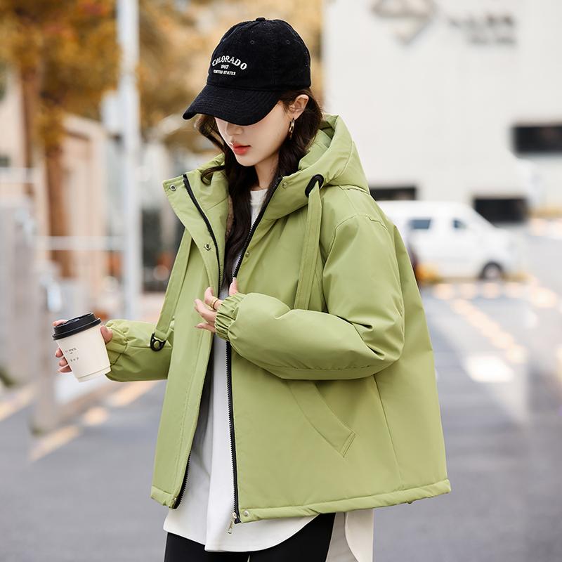 סתיו חורף מעיל פארקה חם מעובה נשים קז'ואל מתוק צבע אחיד כיס גדול מעיל רופף עם קפוצ'ון ז'קטים הלבשה עליונה