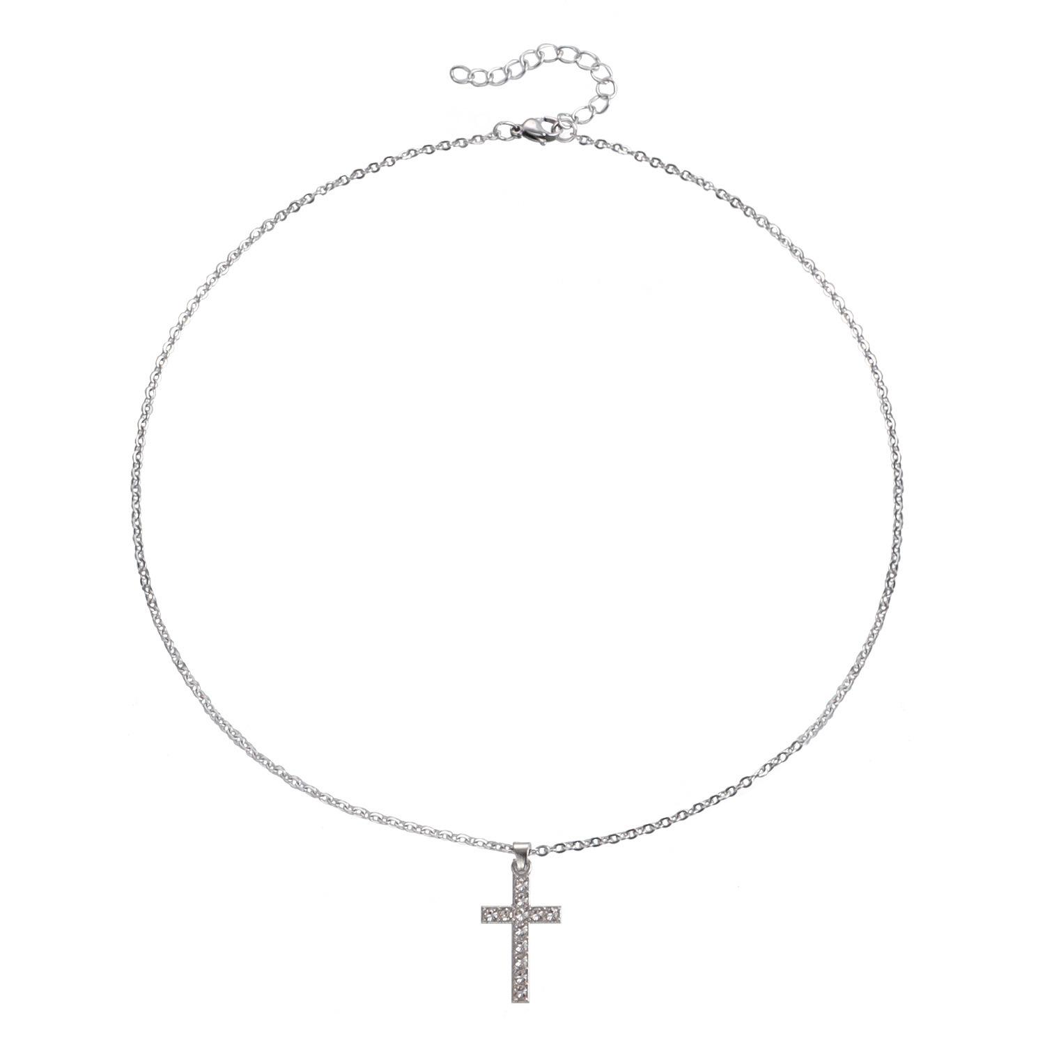 European and American simple fine chain micro-inlaid rhinestone cross pendant necklace women s retro metal niche necklace