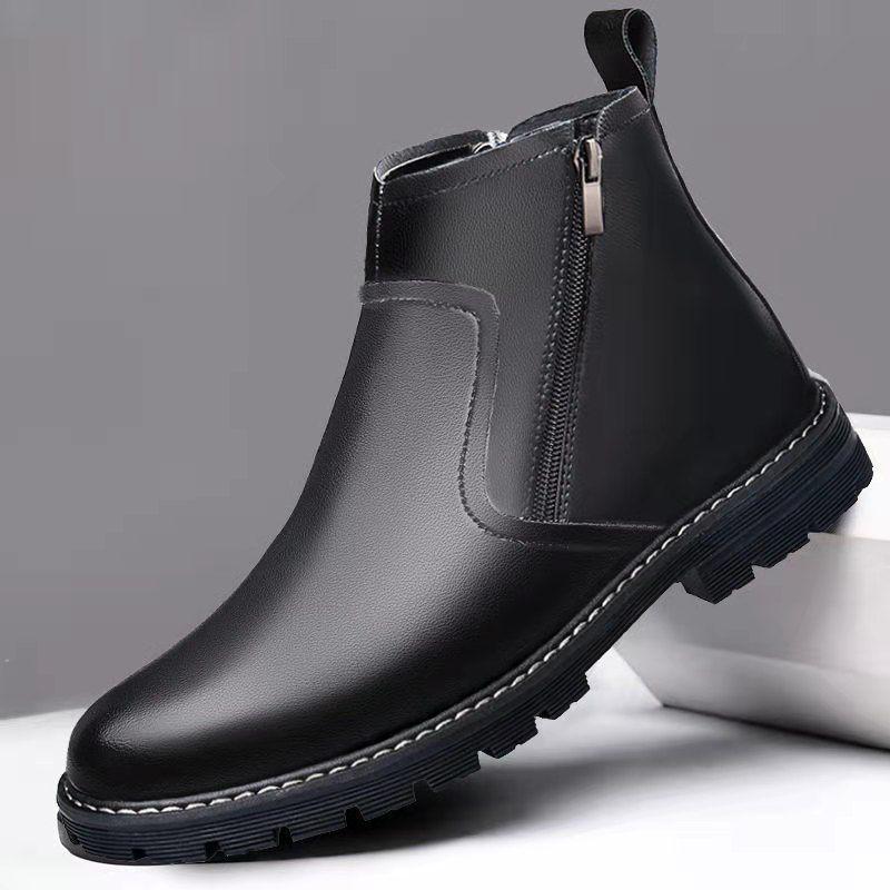 Men's High-Top Martin Boots: Soft Leather, Height-Boosting, Plus Velvet, Thickened Winter Cotton Shoes.
