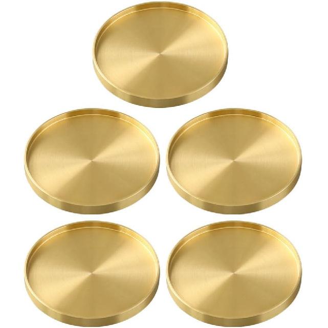 

HEMOTON 5 Pack Round Coasters, 2.6 Inch Golden Brass Coasters for Drinks, Glass Cup Coasters Set, Protection Tabletop,Countertop and Surfaces from