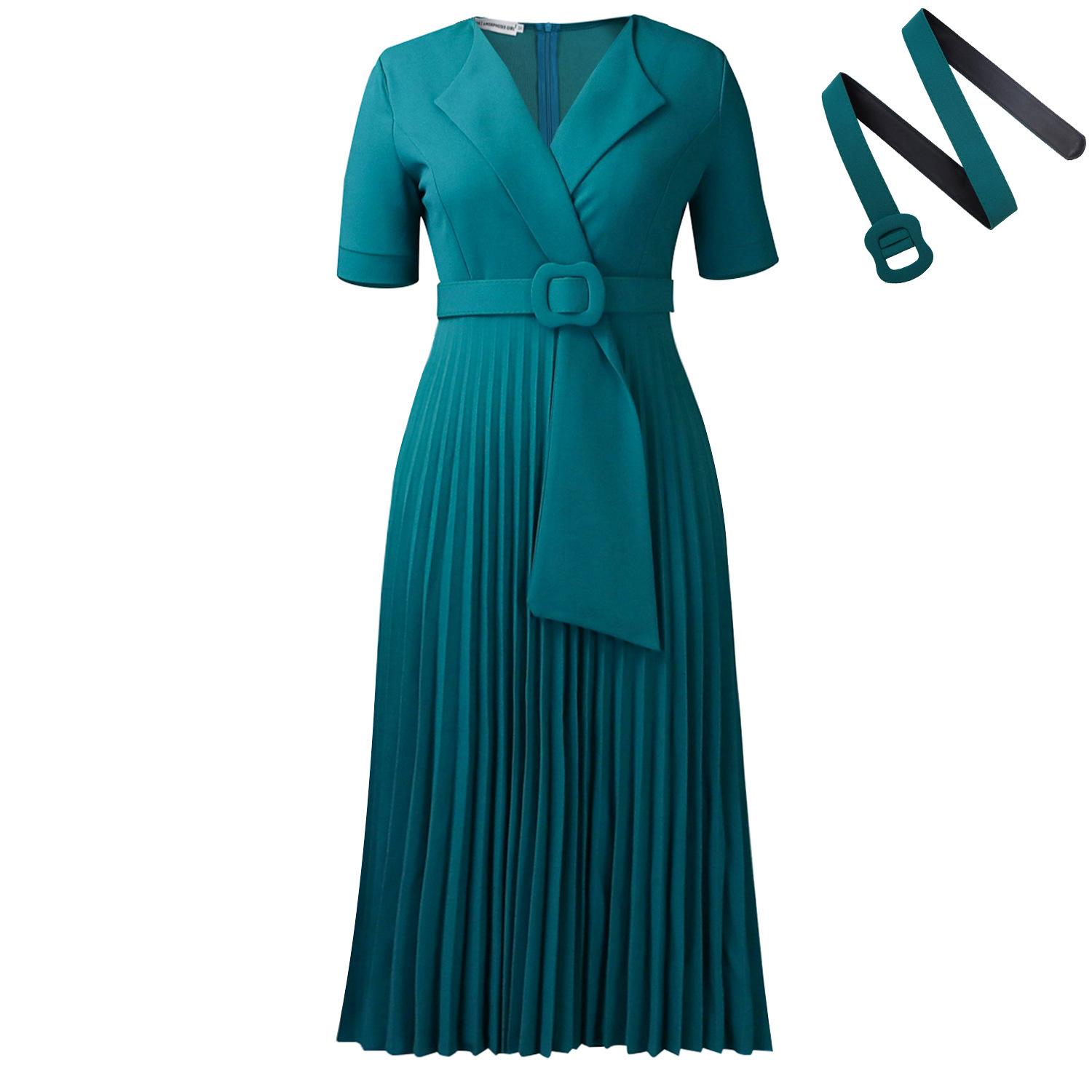 

Sexy short-sleeved V-neck fashion temperament elegant pleated large size solid color dress S