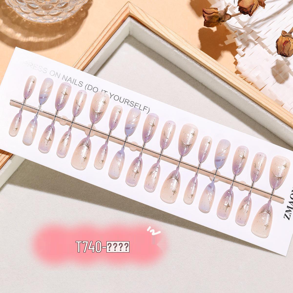 T740 Manji Almond Purple Gradient Cat Eye Wearable 3D Nail Art Stickers Full Strip S/S/S