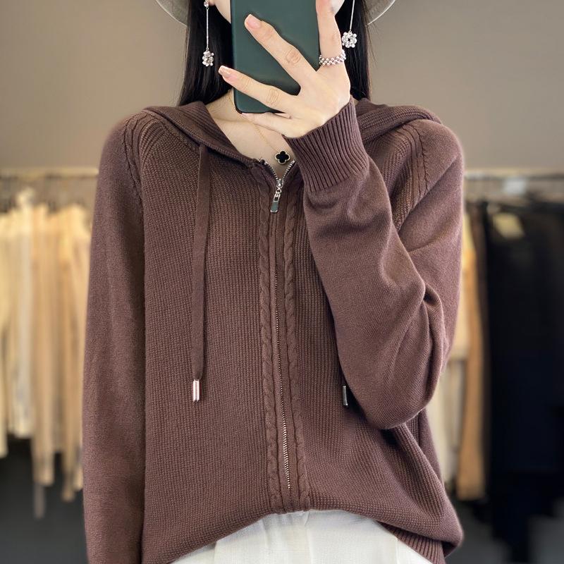 Høst og vinter cardigan strikket løs genser for kvinner Uformell Ensfarget cardigan med dobbel glidelås