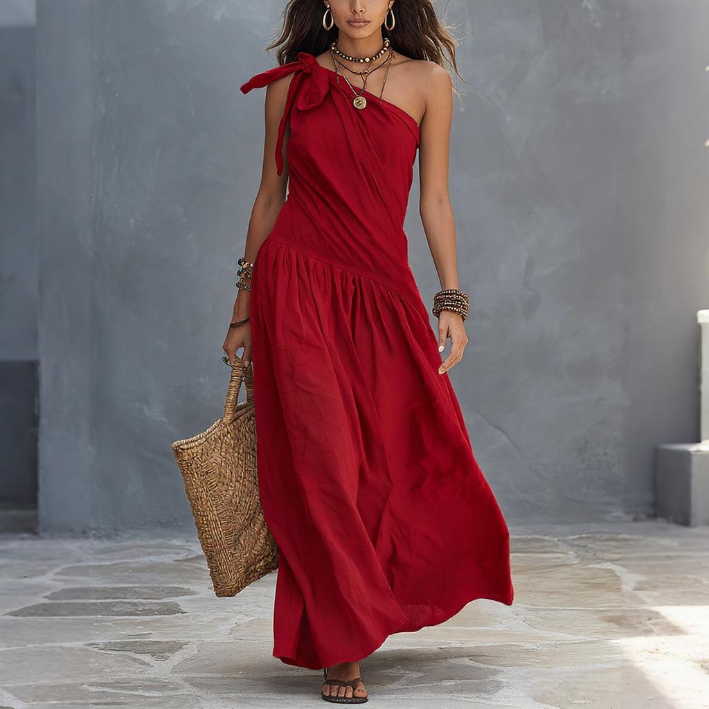 Women One Shoulder Dress Sleeveless Maxi Dress Asymmetric Hem Casual Summer Dress with Ruffle Detail and Tie Strap