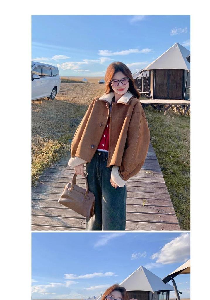 Women's Fashionable Petite Shearling Coat: Thickened, Reversible with Fur and Suede-Like Fabric, Short Anti-Suede Plush Top