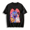T-shirt Coppia Trendy Stampa Gatto Blu e Ragazza Capelli Viola Top Larghi Casual Per Uomo e Donna T-shirt in Puro Cotone