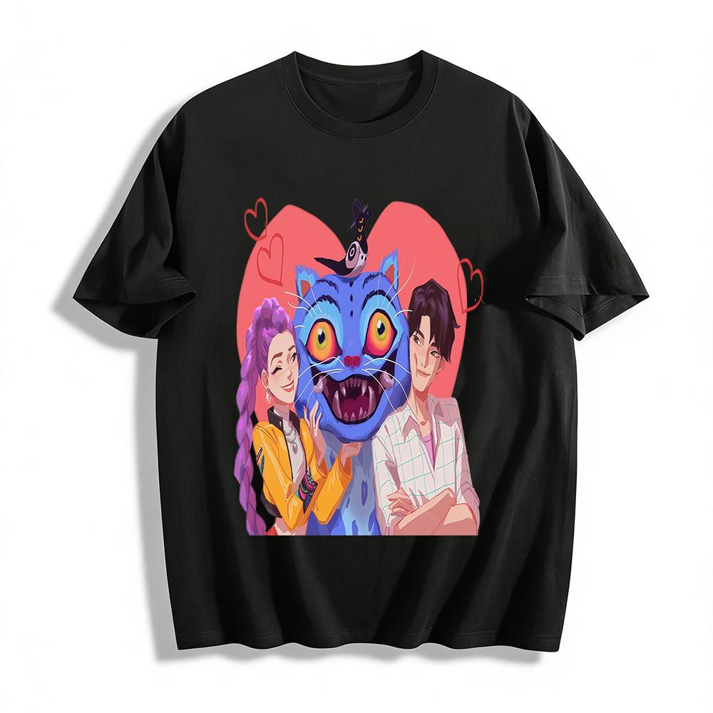 

Trendy Blue Cat & Purple-haired Girl Print Couple T-shirts Loose Casual Tops For Men And Women Pure cotton T-shirt XXS