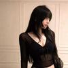 Black Sexy V-neck Long-sleeved Lace Bottoming Shirt Women's Spring New Spice Girl Slim-fitting and Thin Short Micro-transparent Top