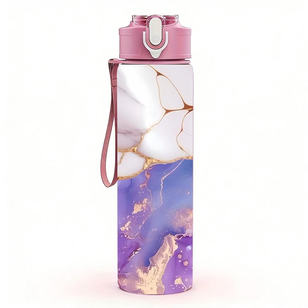 1PC Purple Gold Ink Marble Pattern 750ml Color Plastic Sports Water Bottle Leakproof Flip Straw Lid Suitable for Sports Office Home Use