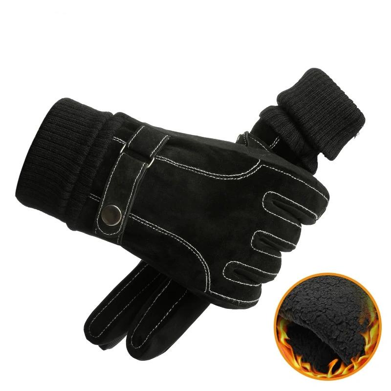 Warme Herren-Winterhandschuhe aus Leder, verdickte Baumwolle, winddicht, Fahrhandschuhe