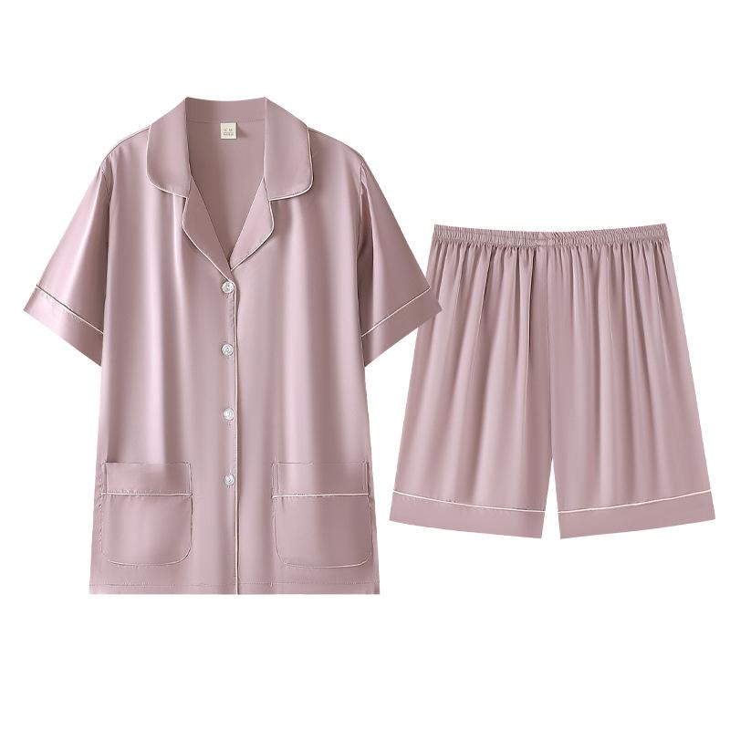 Pajamas Women's Summer Ice Silk Short-sleeved Shorts Thin Cardigan Set Women's Simple Casual Large Size Cool Loungewear