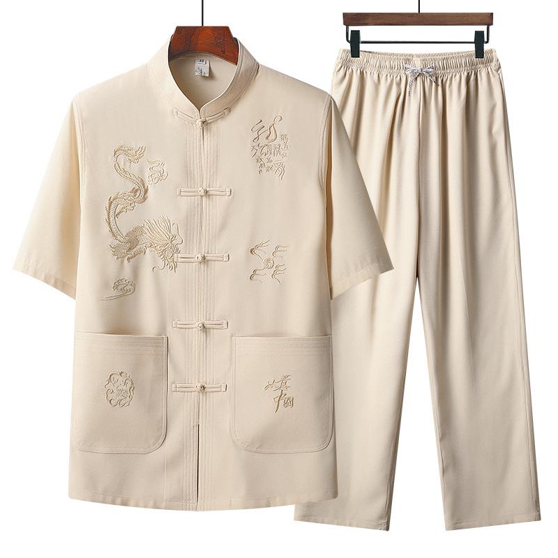 Men's Embroidered Short Sleeve Tang Suit - Loose Fit Dragon Set for Fathers and Seniors