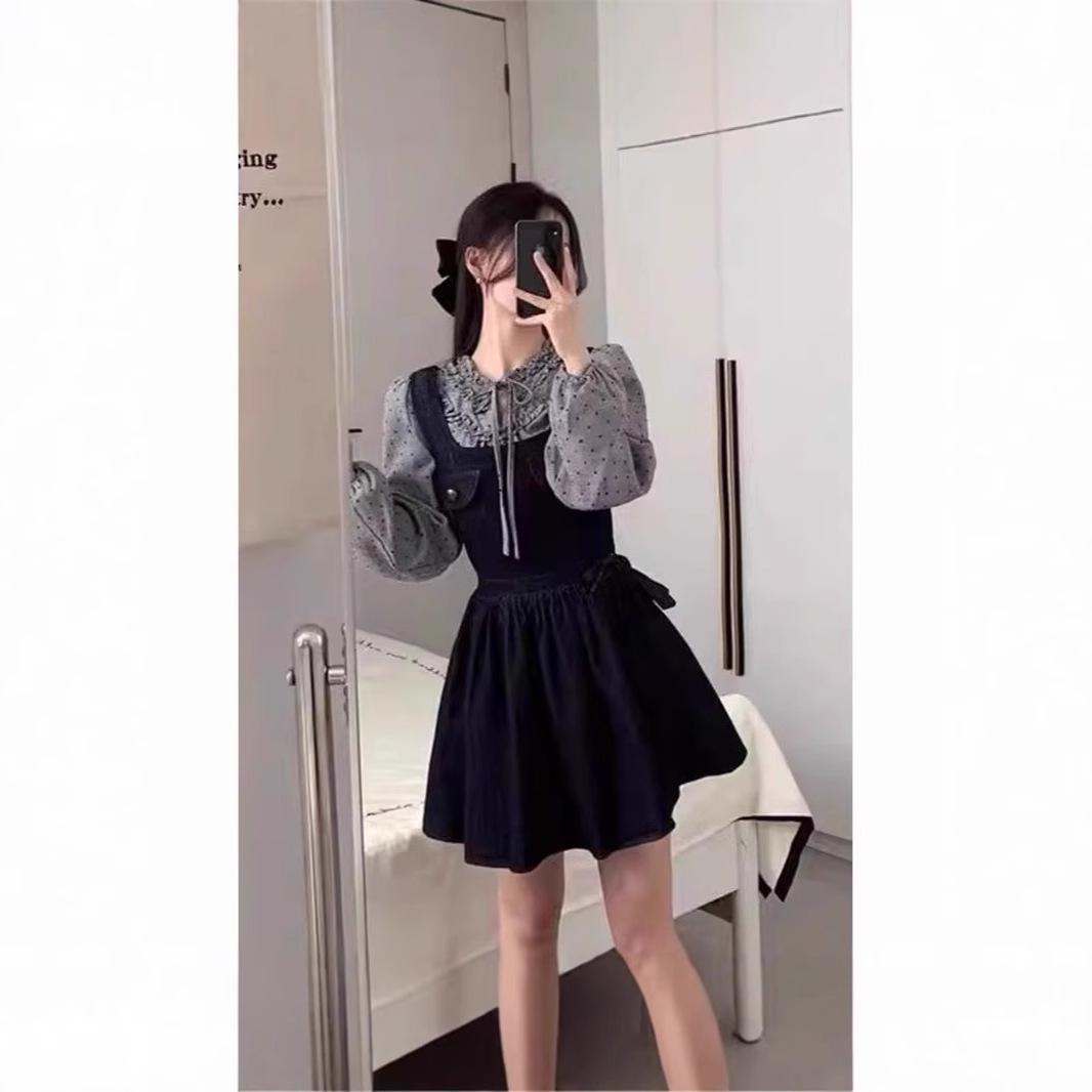 

Charming Denim Bow Vest Dress & Autumn Polka Dot Shirt Set for Women XL