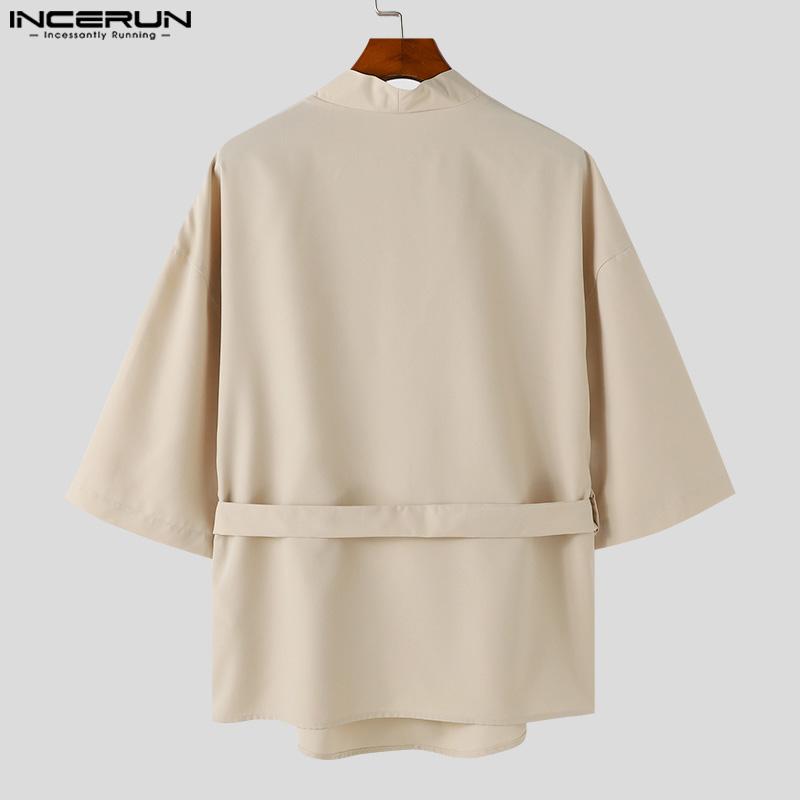 INCERUN Men V Neck 3/4 Sleeve Bandage Cardigan Loose Kimono