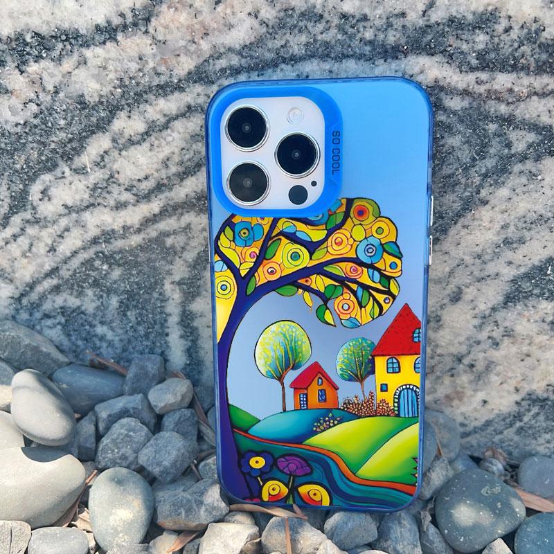 Colorful Forest Town Phone Case for Iphone 16 13 12 Pro Max 13 Mini 11 15 14 Pro Max Plus Fashion Laser Shockproof Back Cover
